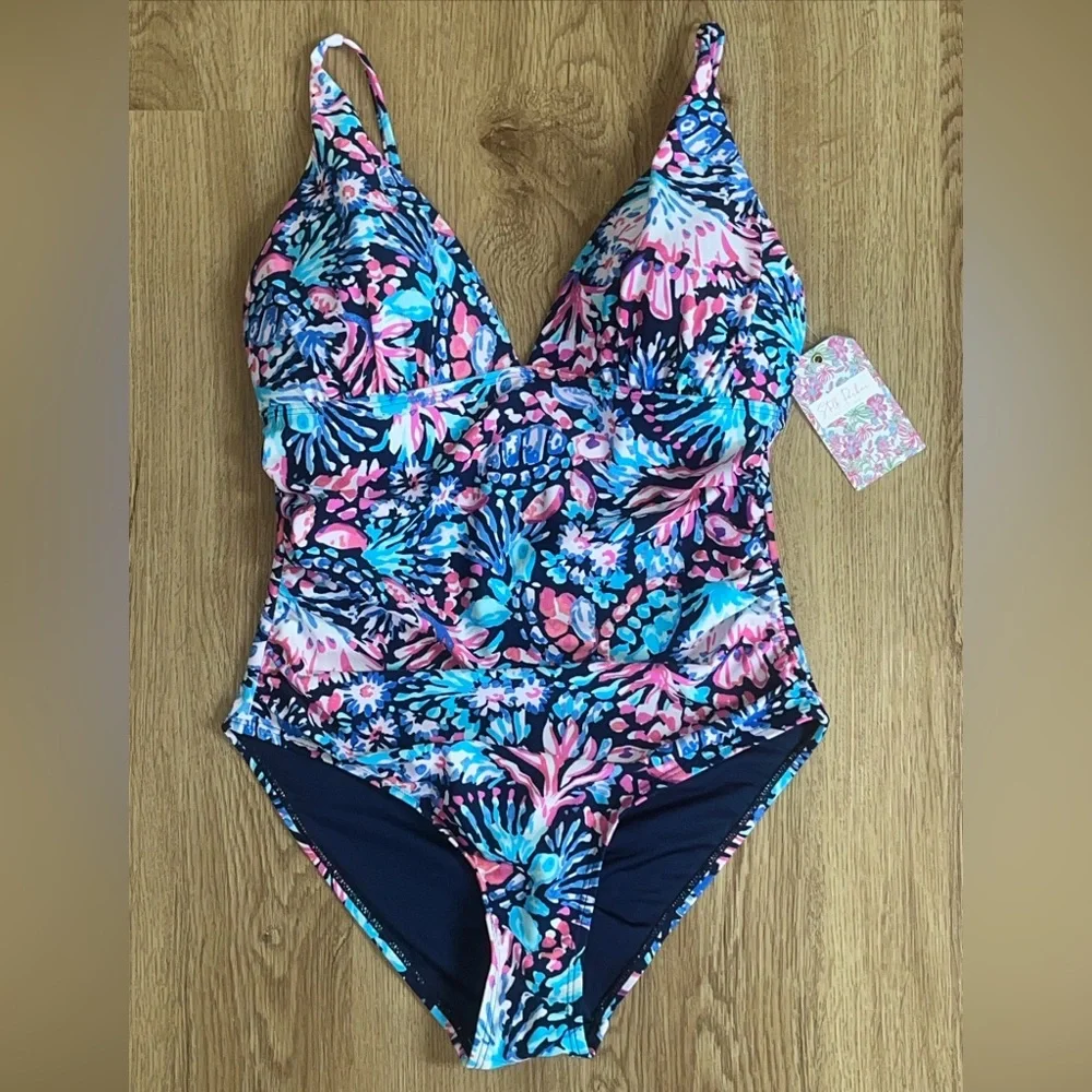 NWT Stella Parker Women’s 1 Piece Bathing Swim Suit Size S Navy Coral Adjustable